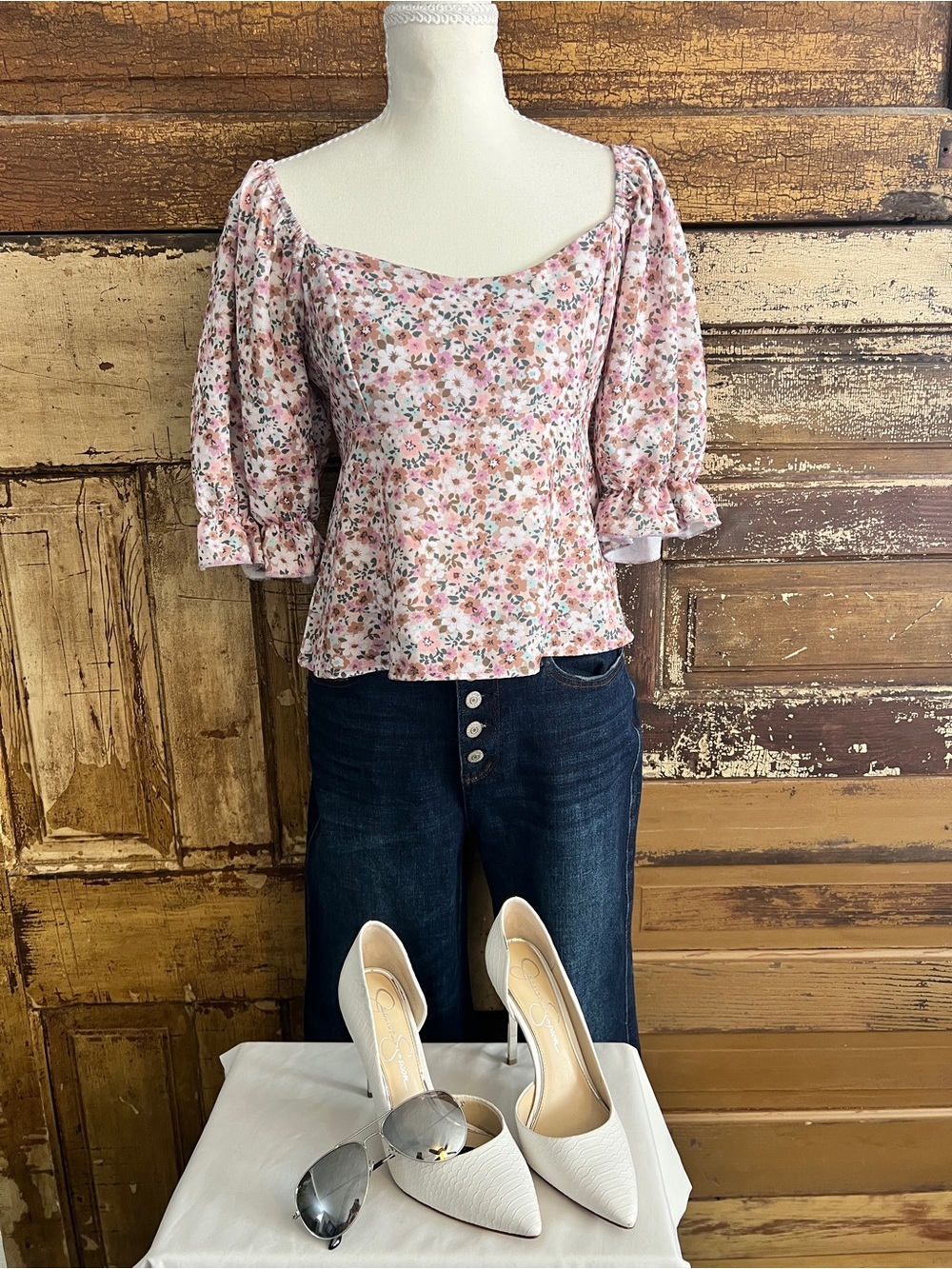 Originality Floral Peplum Blouse | Square Neck Puff Sleeve Top | Size M NWOT